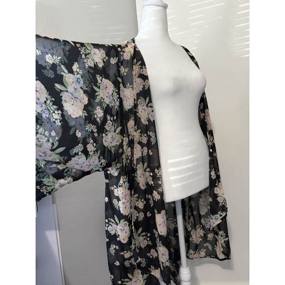 Mudd Other - Mudd Sheer Floral Kimono Black Pink Boho Flowy Y2K Chiffon Duster Swim Cover Up